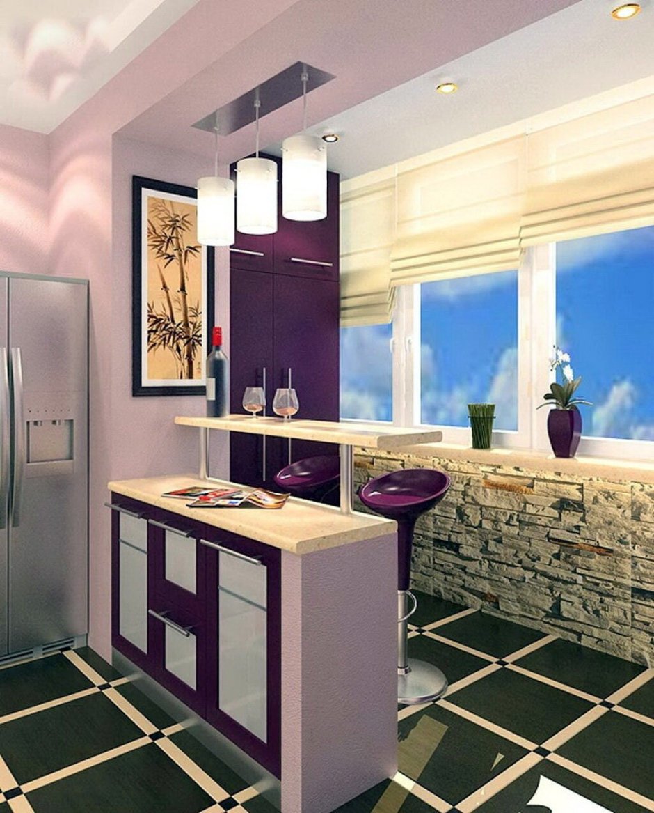 Лоджия в гостиной с барной стойкой