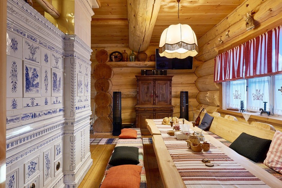 Интерьер в стиле русская усадьба в бревенчатом доме