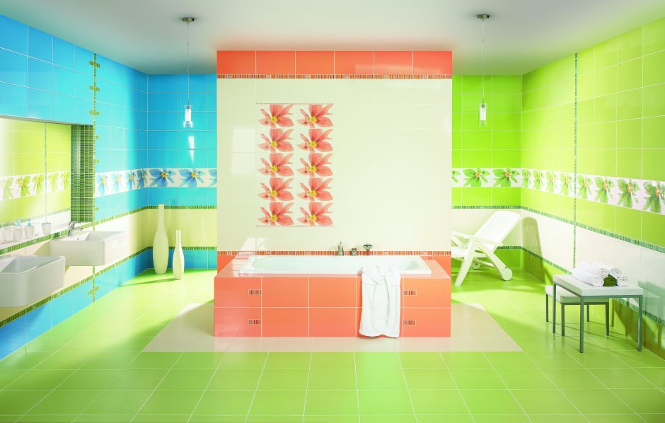 Оранжево зеленая плитка для ванной