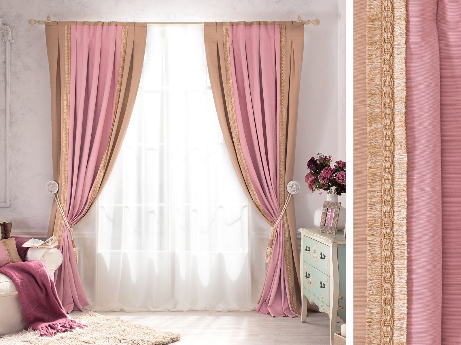 Какие шторы розовым обоям. Розовые шторы в спальню. Комбинированные шторы для спальни. Шторы в спальню в розовых тонах.