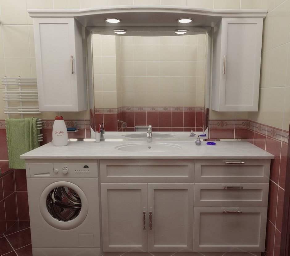 Маленькая ванная со стиралкой и раковиной