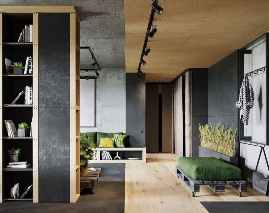 Сочетание бетона и дерева в интерьере