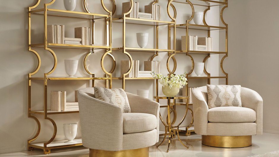 Стеллаж латунь в интерьере