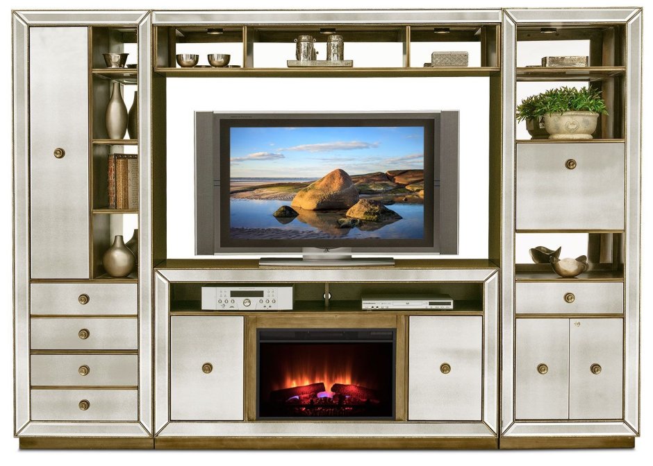 Угловой камин белый в интерьере с полками внизу