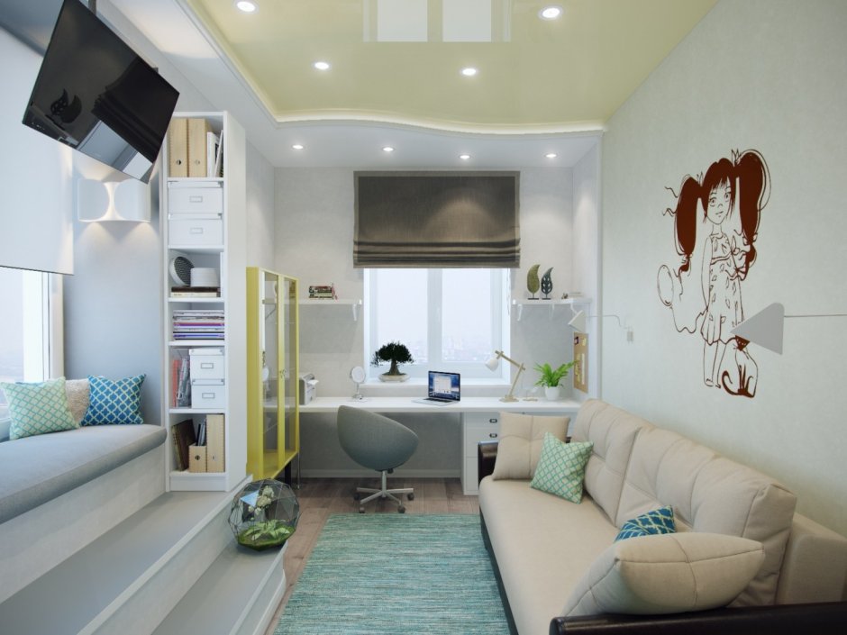 Интерьер вытянутой комнаты для подростка