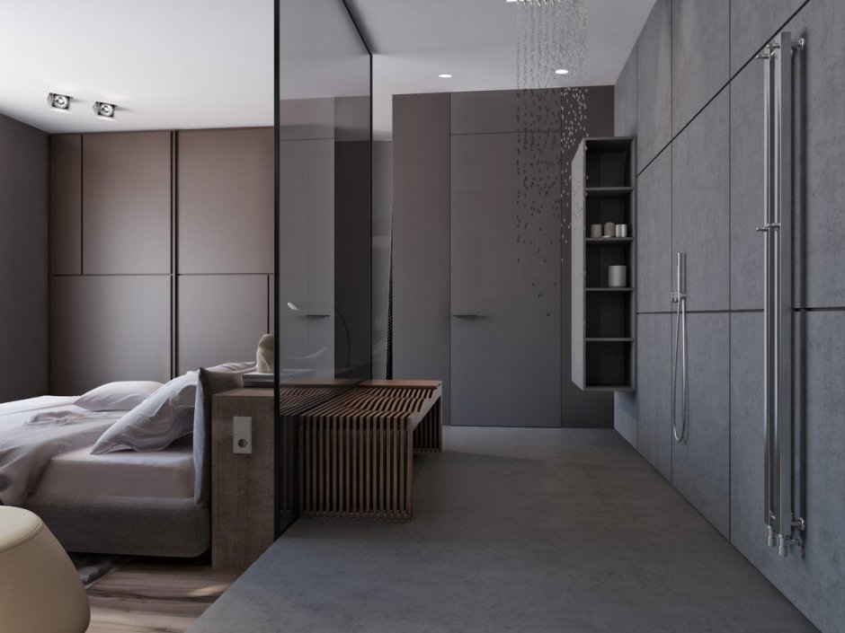 Серая спальня с гардеробной