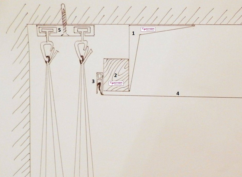 Схема монтажа натяжного потолка и ниши для штор