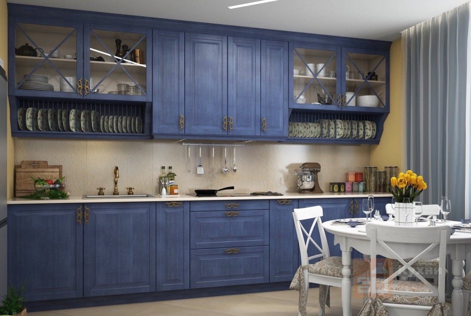 Кухня белые стены синяя мебель