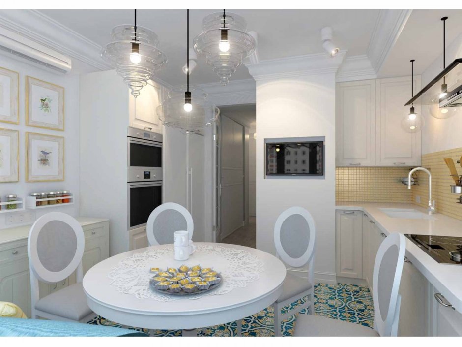 Кухни без верхних шкафов в эркере