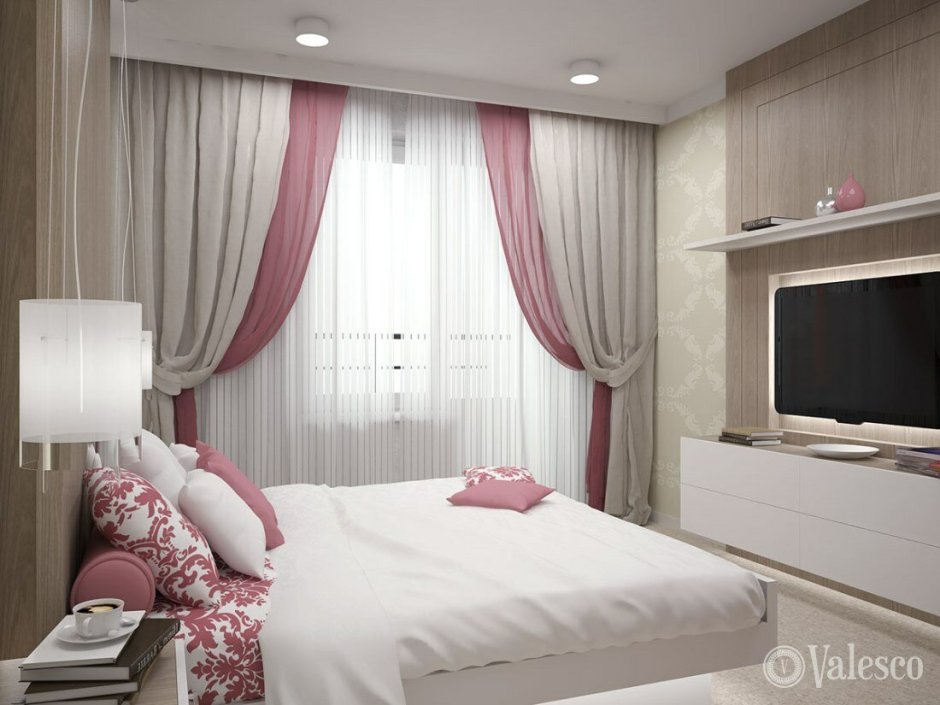 Серо-розовые шторы для спальни