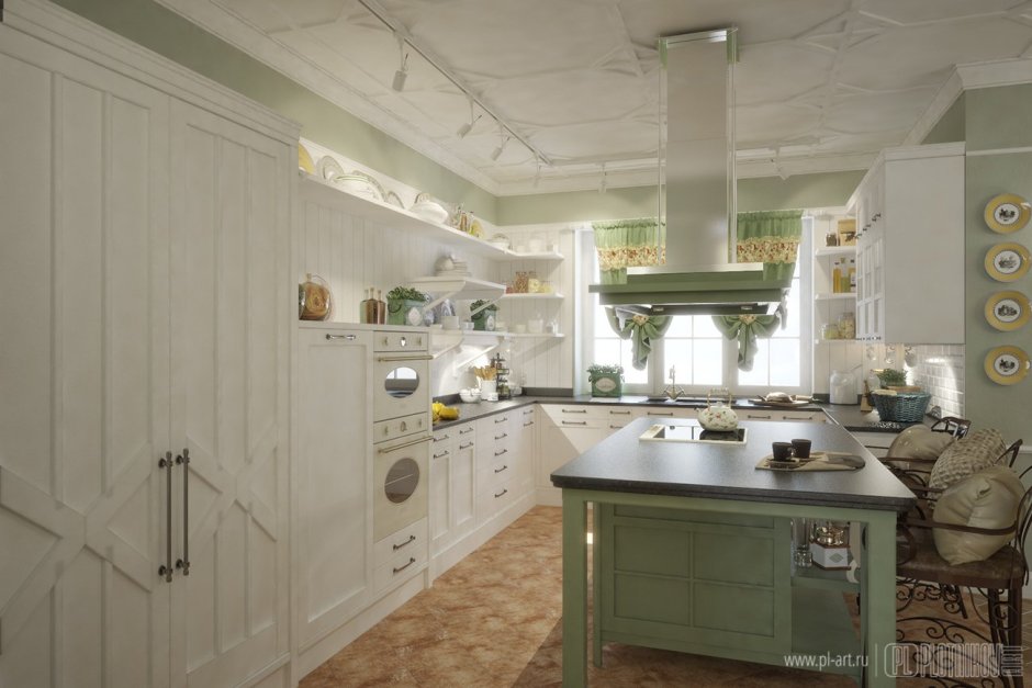 Угловая кухня дизайн интерьер в бледной оливковом цвете