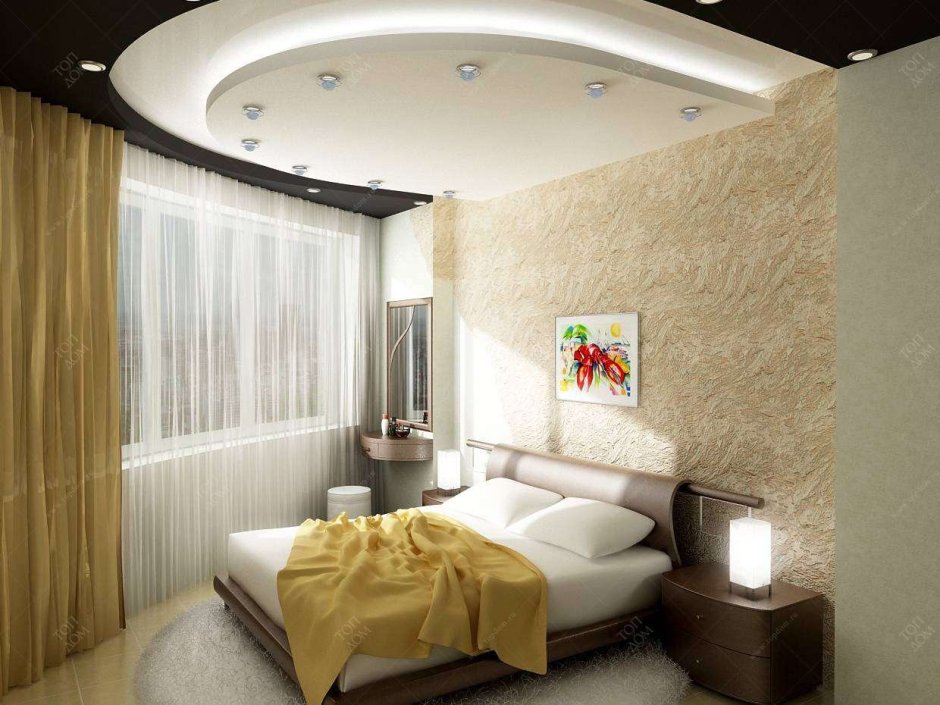 Красивый потолок из гипсокартона в спальне хрущевке