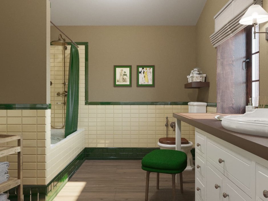 Ванная комната в бежевых и зеленых тонах