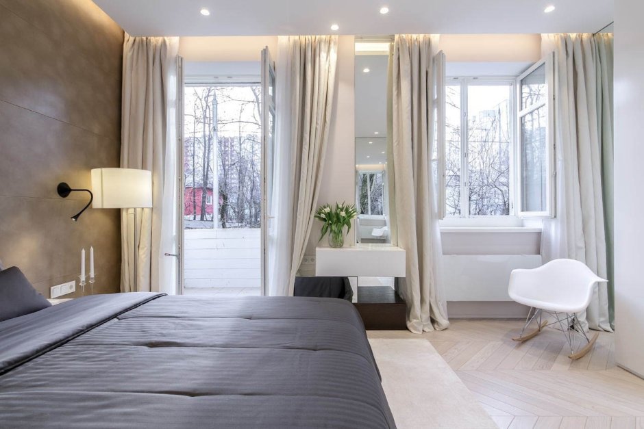 Спальня в стиле Минимализм в бело-бежевых тонах дизайн