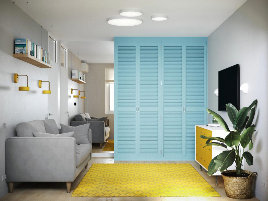 Голубой шкаф в интерьере гостиной