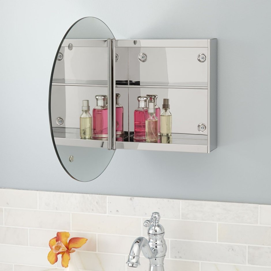 Круглое зеркало с шкафчиком в ванную