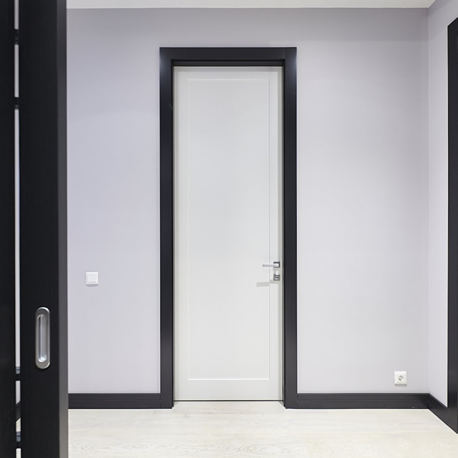 Белая дверь с черным наличником