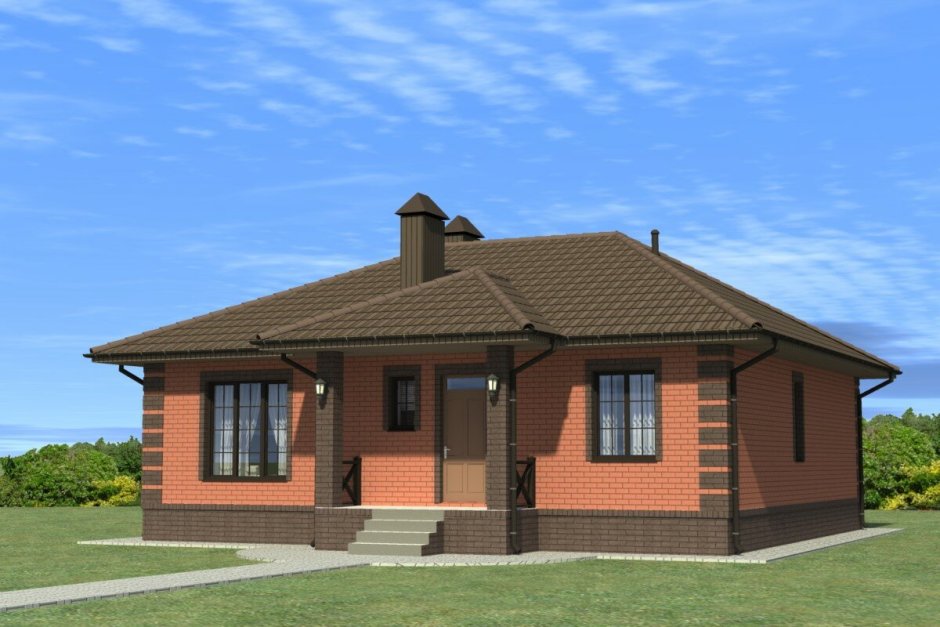 Одноэтажный дом с вальмовой крышей и крыльцом