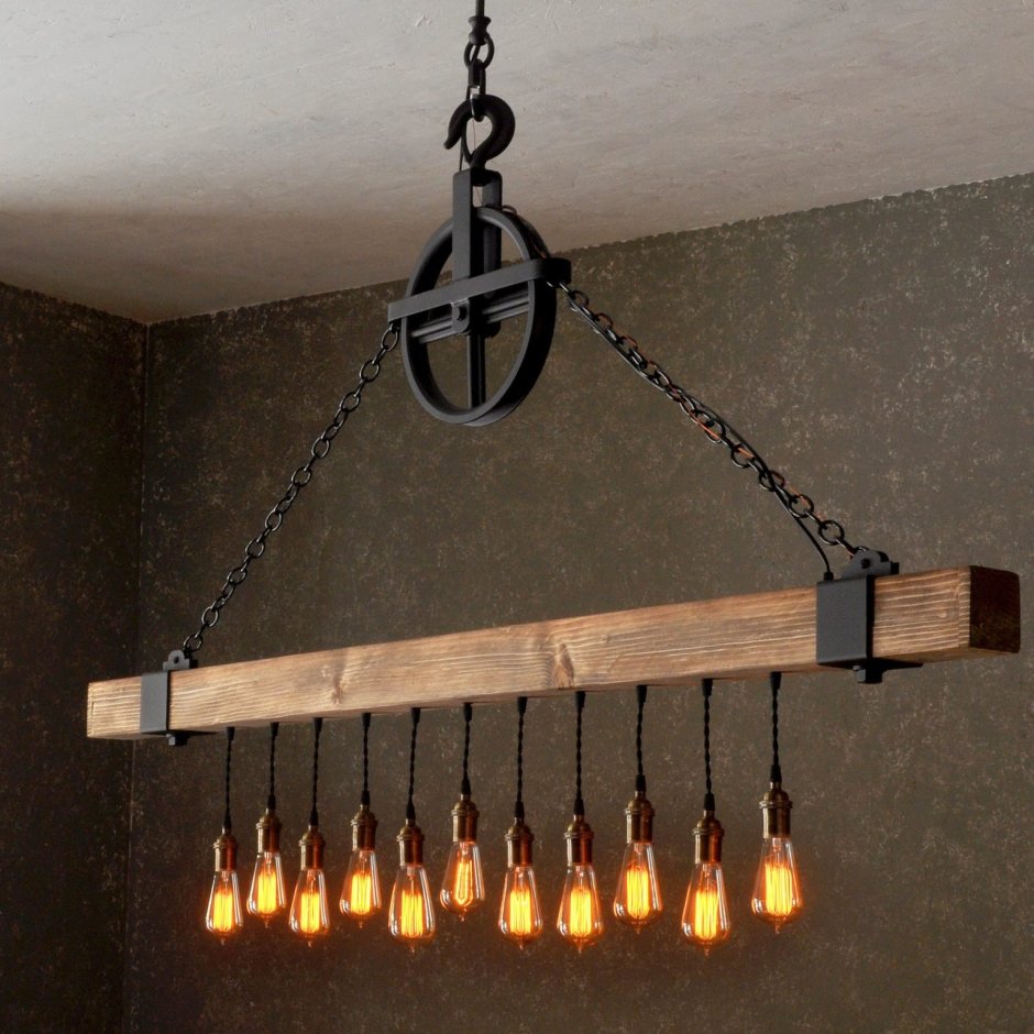 Wood Beam Chandelier with Vintage Style Edison Bulbs
