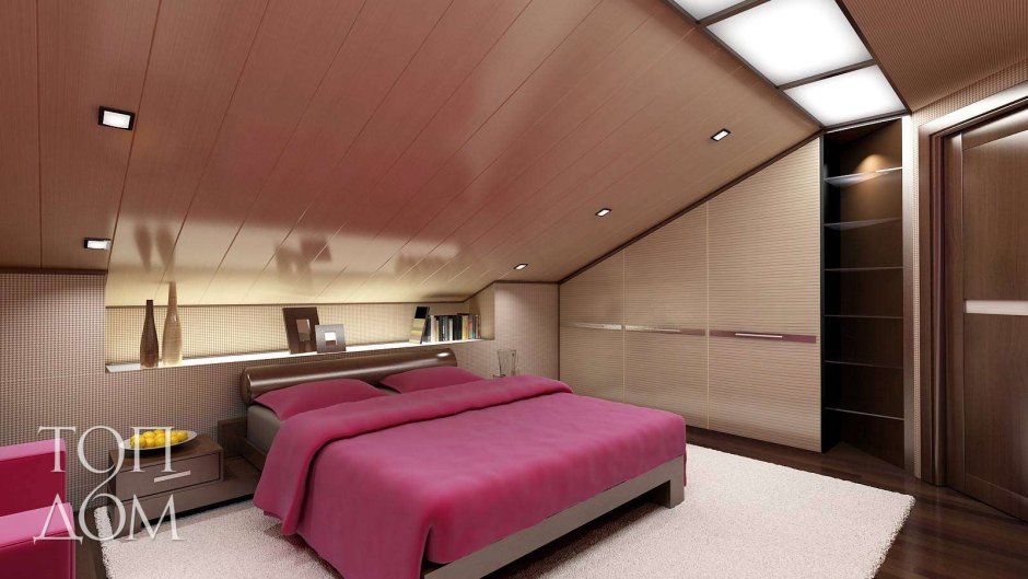 Мансардный натяжной потолок в спальне свет