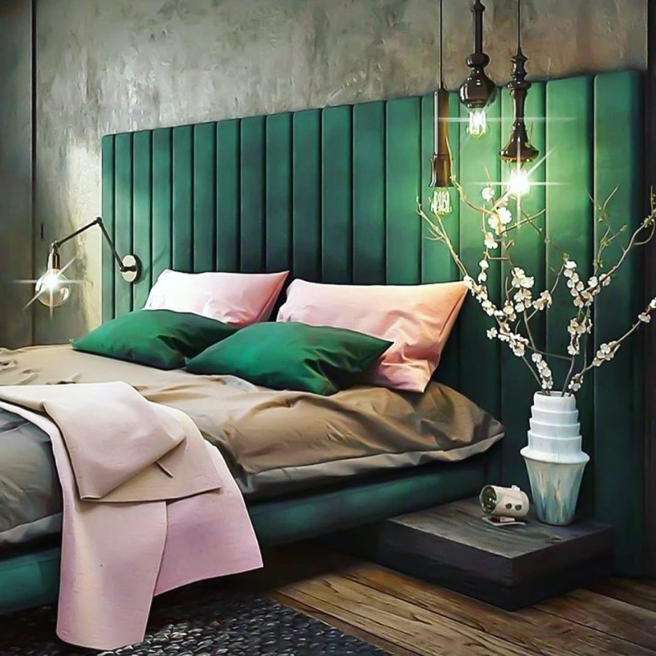 Спальня в коричневом и зеленом цвете