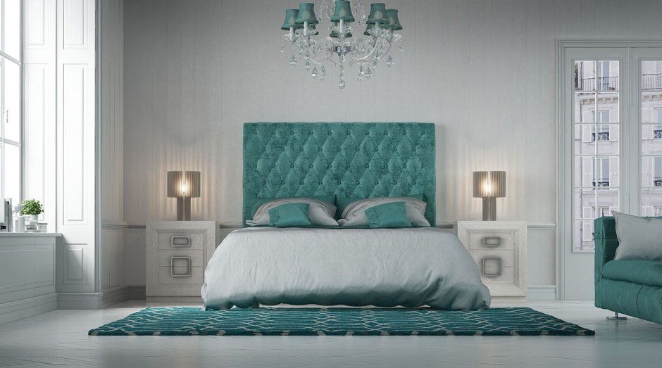 Современная спальня дизайн кровать морская волна