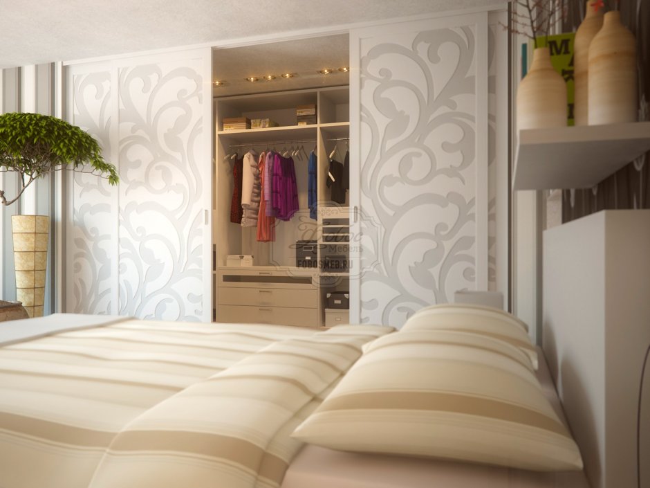 Зонирование гардеробной комнаты в классической спальне