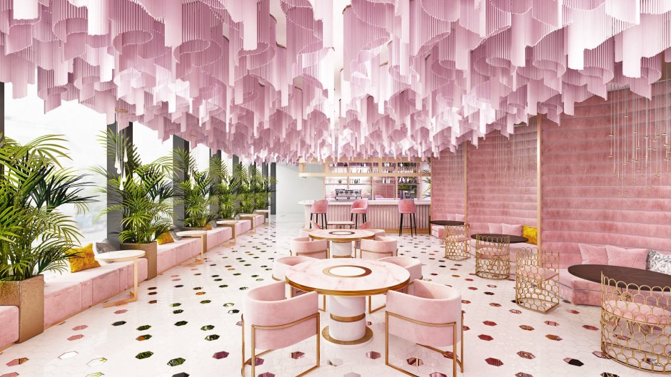 Розовый интерьер кафе
