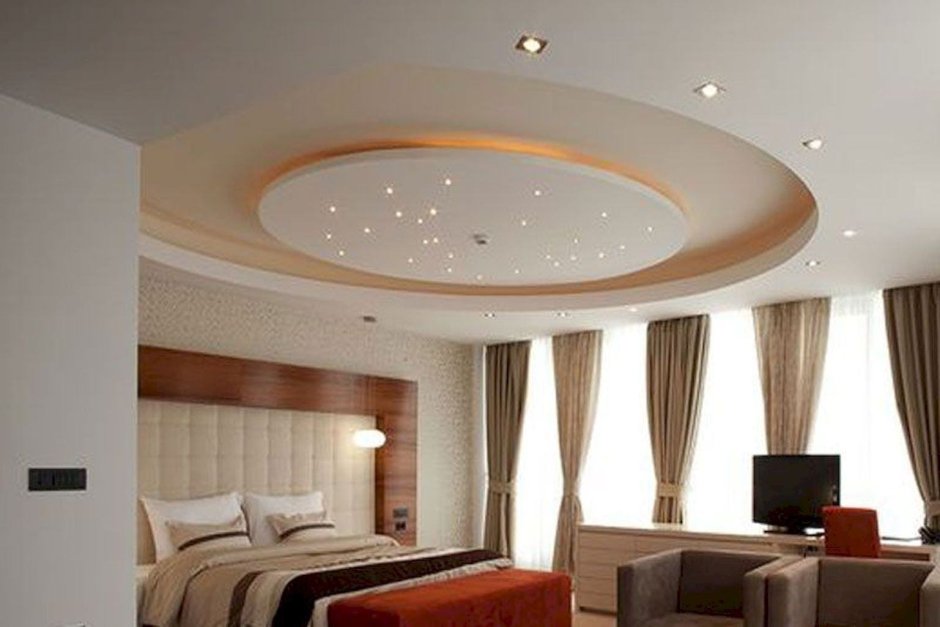 Потолки комбинированные из гипсокартона и натяжной спальни