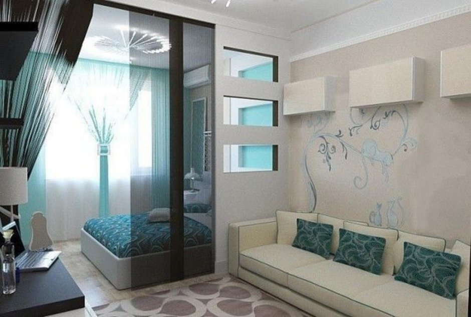 Дизайн г образной комнаты в однокомнатной квартире