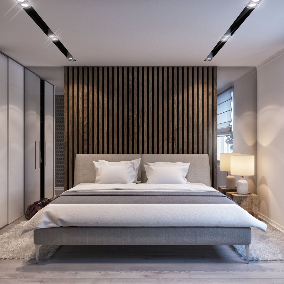 Спальня в современном стиле с деревянными рейками