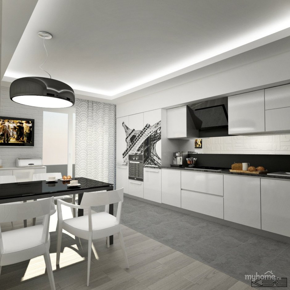 Кухня гостиная в черно белом стиле