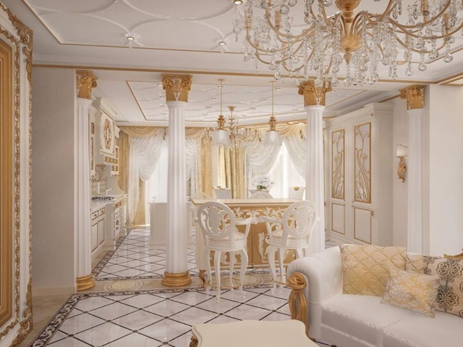 Интерьер спальни белой мебели с золотом
