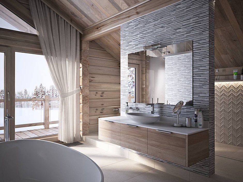 Стильная ванная в деревянном доме