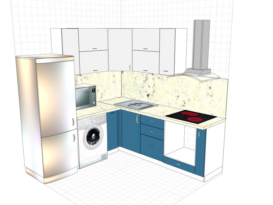 Угловая кухня 2100х1600 с газовой колонкой и холодильником